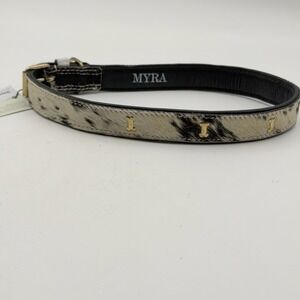 Myra Bag Cowhide Dog Collar Black White Spotted Leather Gold Bone Studs NEW XL